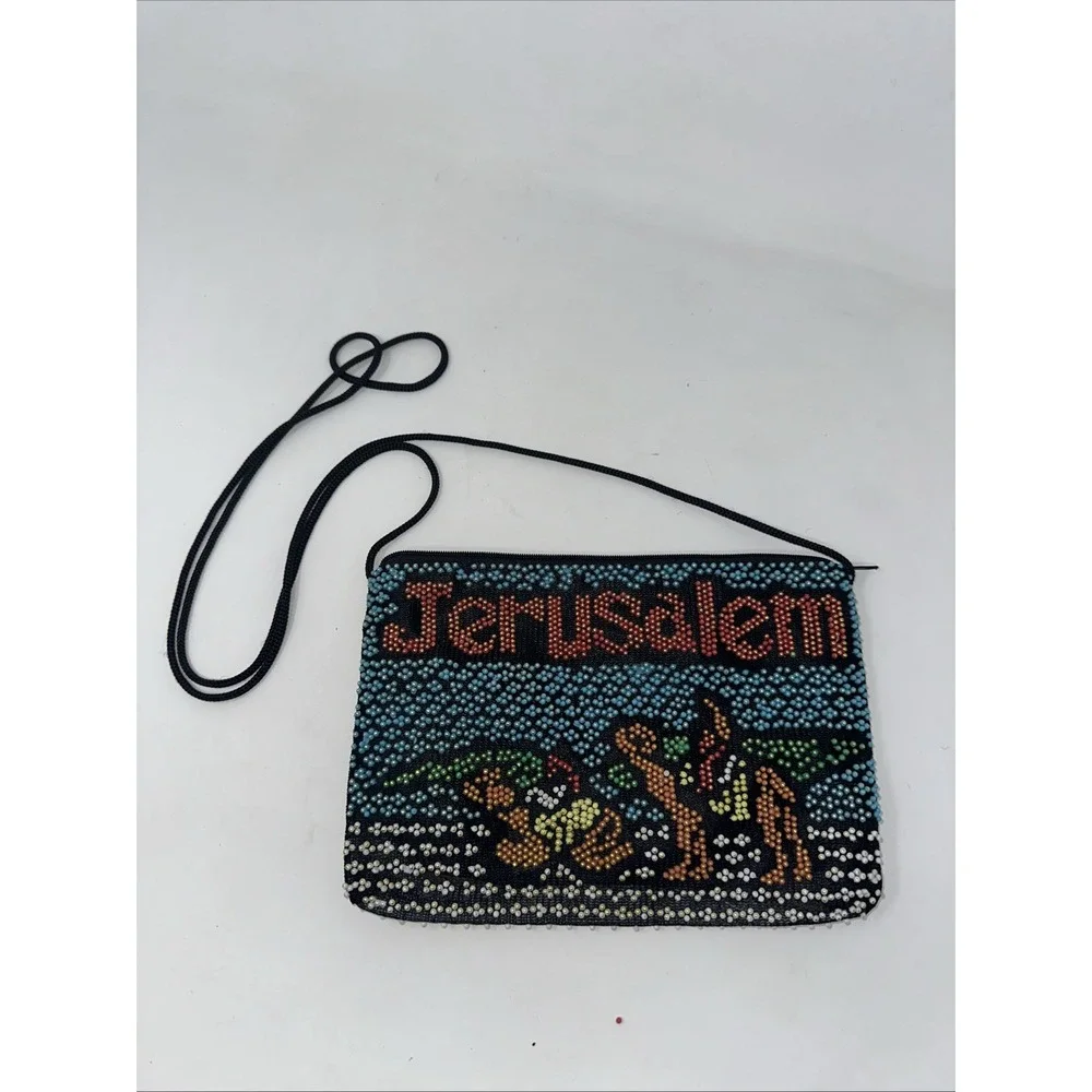 Vintage Jerusalem Beaded Crossbody Bag Handbag Camel Scene Colorful Zipper Pouch